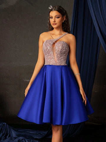 Women's Color Block Sparkly Sleeveless Short Evening Dress With High-End And Elegant