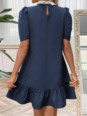 Women's Color Block Stand Collar Puff Sleeve Faux Pearl Decorated Ruffle Hem Dress
