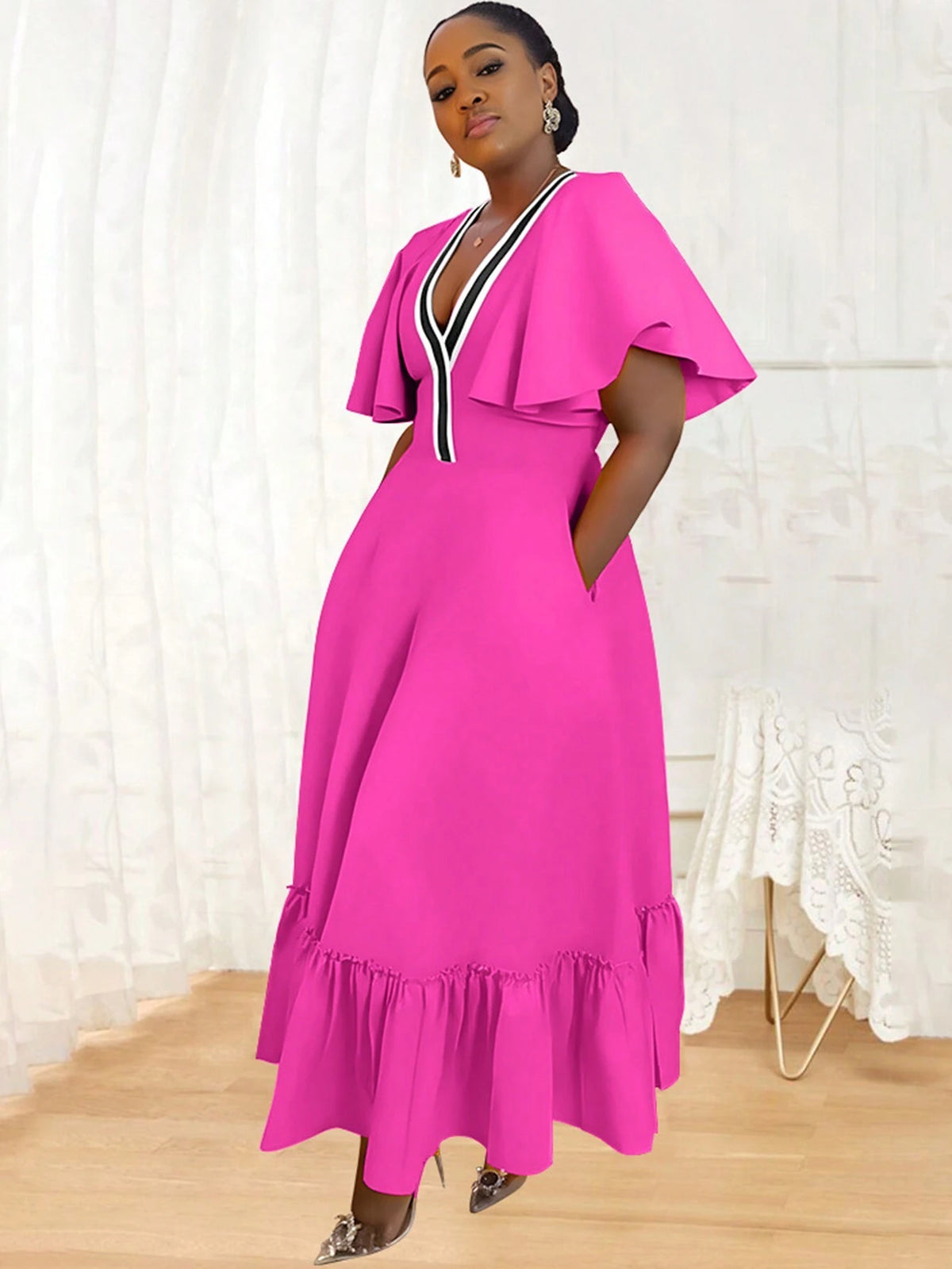 Women's Color Block Striped Ruffle Trim Summer Dress With Waist Belt