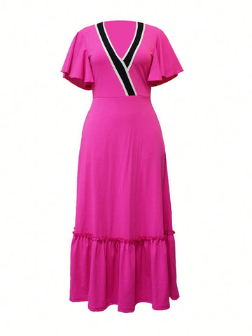 Women's Color Block Striped Ruffle Trim Summer Dress With Waist Belt
