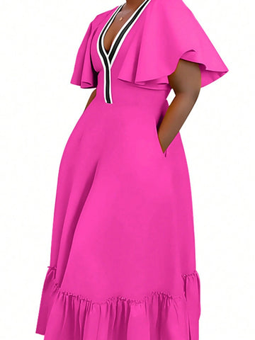 Women's Color Block Striped Ruffle Trim Summer Dress With Waist Belt