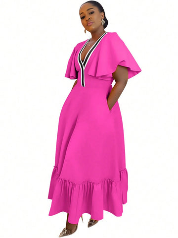Women's Color Block Striped Ruffle Trim Summer Dress With Waist Belt
