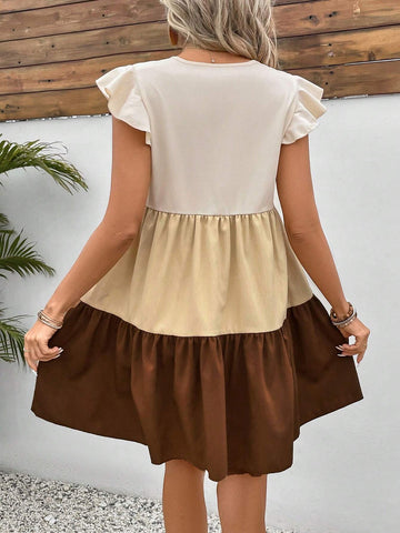 Women's Color Block V-Neck Ruffle Armhole Dress