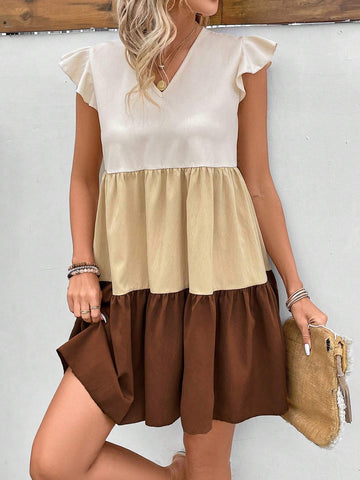 Women's Color Block V-Neck Ruffle Armhole Dress