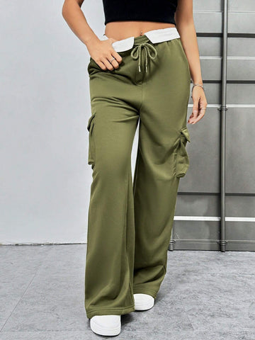 Women's Color Blocked Drawstring Waist Utility Cargo Shorts With Pockets