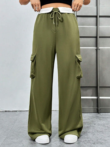 Women's Color Blocked Drawstring Waist Utility Cargo Shorts With Pockets