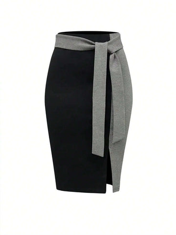 Women's Color Blocking Skirt With Knot Waist Design
