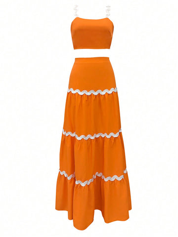 Women's Colorblock Camisole Tank Top And Ruffle Hem Skirt Set