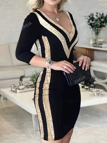 Women's Colorblock V-Neck 3/4 Sleeve Fitted Elegant Mini Dress, Spring/Autumn