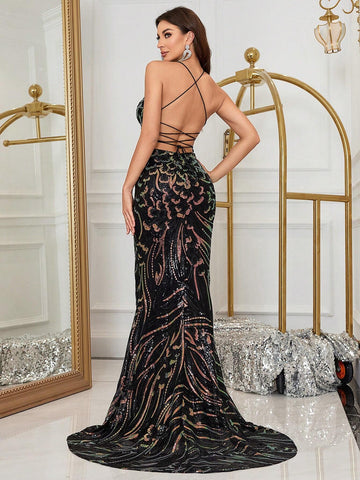 Women's Colorful Glitter Side Slit Spaghetti Strap Evening Party Dress