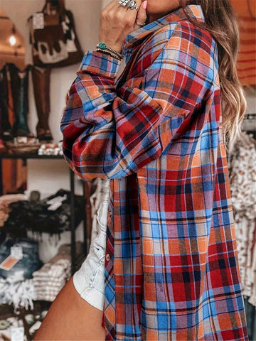 Women's Colorful Plaid Drop Shoulder Loose Casual Shirt, Autumn/Winter