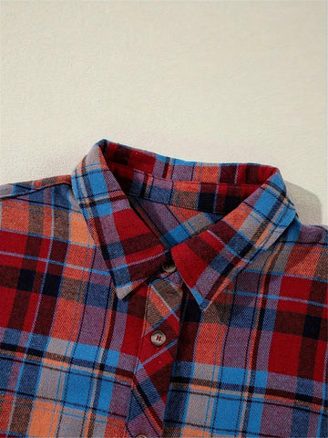 Women's Colorful Plaid Drop Shoulder Loose Casual Shirt, Autumn/Winter