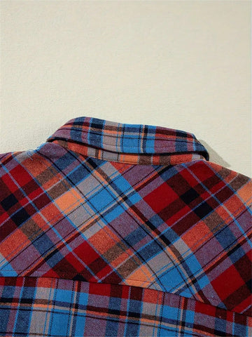 Women's Colorful Plaid Drop Shoulder Loose Casual Shirt, Autumn/Winter