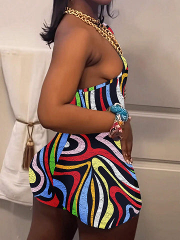 Women's Colorful Printed Asymmetrical Neck Jumpsuit