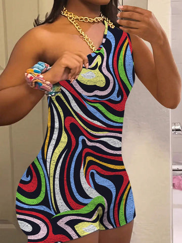 Women's Colorful Printed Asymmetrical Neck Jumpsuit