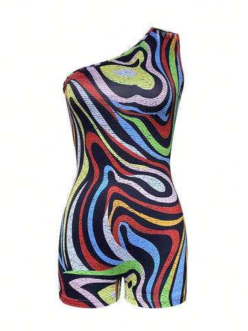 Women's Colorful Printed Asymmetrical Neck Jumpsuit