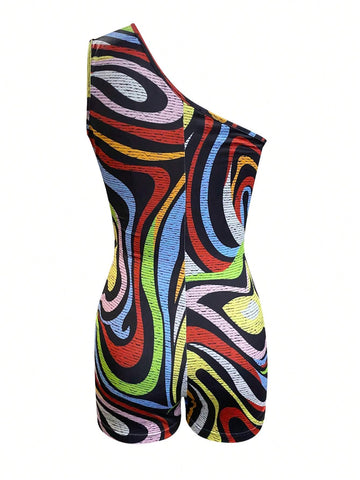 Women's Colorful Printed Asymmetrical Neck Jumpsuit