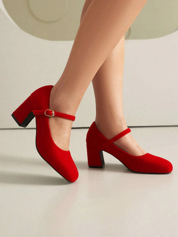 Women's Comfortable High Heel Mary Jane Shoes, Red, Suitable For Fall, Wedding, Party Or Commute