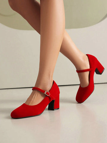 Women's Comfortable High Heel Mary Jane Shoes, Red, Suitable For Fall, Wedding, Party Or Commute