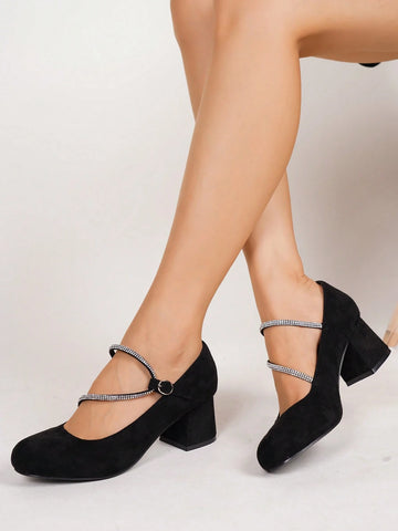 Women's Comfortable Non-Slip Casual Slip-On Black High Heel Shoes With Rhinestone Embellishments, Versatile
