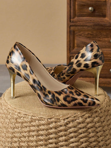 Women's Comfortable Pointed Toe Shallow Mouth Patterned Fine Heel Pumps, 9cm, Fashionable Leopard Print, Vintage Style