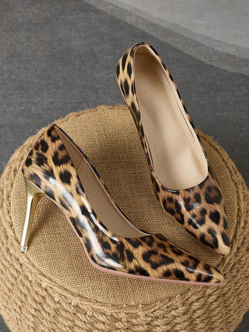Women's Comfortable Pointed Toe Shallow Mouth Patterned Fine Heel Pumps, 9cm, Fashionable Leopard Print, Vintage Style