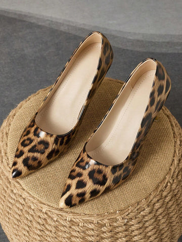 Women's Comfortable Pointed Toe Shallow Mouth Patterned Fine Heel Pumps, 9cm, Fashionable Leopard Print, Vintage Style