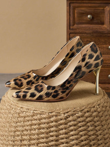 Women's Comfortable Pointed Toe Shallow Mouth Patterned Fine Heel Pumps, 9cm, Fashionable Leopard Print, Vintage Style