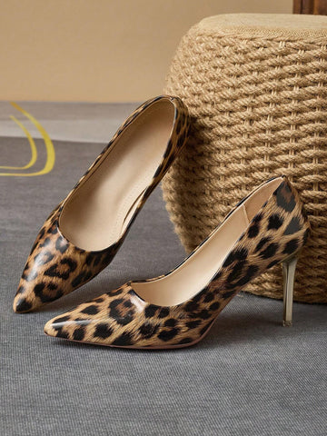 Women's Comfortable Pointed Toe Shallow Mouth Patterned Fine Heel Pumps, 9cm, Fashionable Leopard Print, Vintage Style