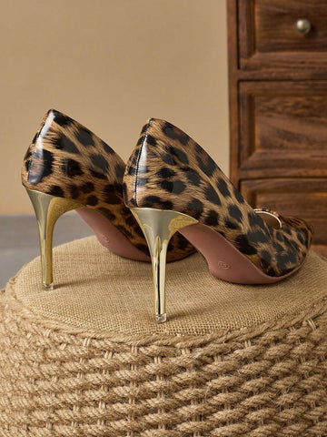 Women's Comfortable Pointed Toe Shallow Mouth Patterned Fine Heel Pumps, 9cm, Fashionable Leopard Print, Vintage Style