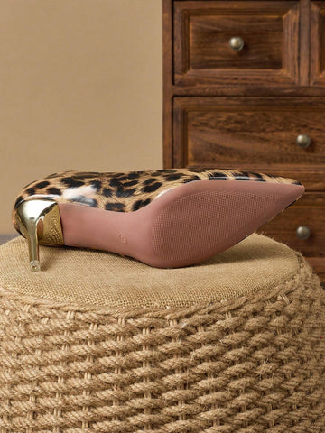 Women's Comfortable Pointed Toe Shallow Mouth Patterned Fine Heel Pumps, 9cm, Fashionable Leopard Print, Vintage Style