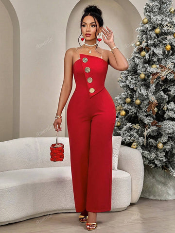 Women's Commuting Gorgeous Red Asymmetrical Chest Wide-Leg Jumpsuit With Texture Exaggerated Metal Buckle Details And Non-Slip Shoulder Straps (Removable) Suitable For Parties, Daily Office, Christmas Parties And Valentine's Day Dates