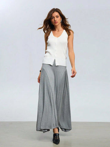 Women's Commuting Loose Flare Hem Gray Long Skirt With Front & Back Ruched Design, Draping Effect For Outerwear