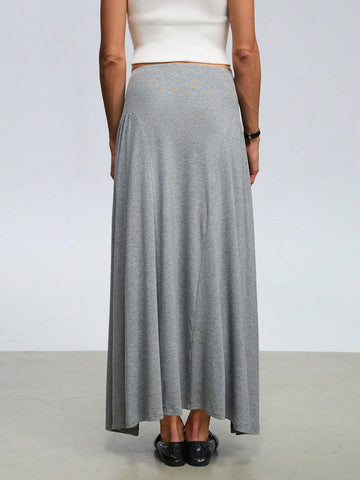Women's Commuting Loose Flare Hem Gray Long Skirt With Front & Back Ruched Design, Draping Effect For Outerwear