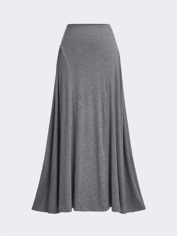 Women's Commuting Loose Flare Hem Gray Long Skirt With Front & Back Ruched Design, Draping Effect For Outerwear