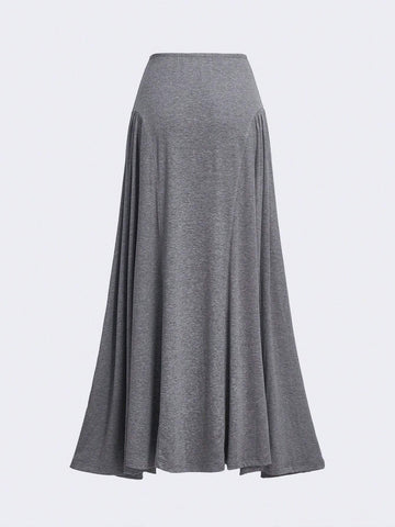 Women's Commuting Loose Flare Hem Gray Long Skirt With Front & Back Ruched Design, Draping Effect For Outerwear