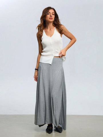 Women's Commuting Loose Flare Hem Gray Long Skirt With Front & Back Ruched Design, Draping Effect For Outerwear