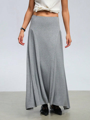 Women's Commuting Loose Flare Hem Gray Long Skirt With Front & Back Ruched Design, Draping Effect For Outerwear