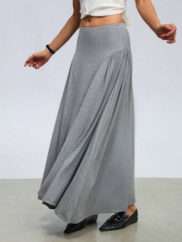Women's Commuting Loose Flare Hem Gray Long Skirt With Front & Back Ruched Design, Draping Effect For Outerwear