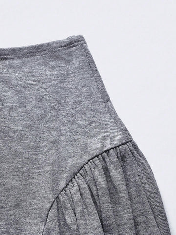 Women's Commuting Loose Flare Hem Gray Long Skirt With Front & Back Ruched Design, Draping Effect For Outerwear