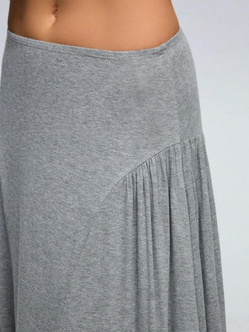 Women's Commuting Loose Flare Hem Gray Long Skirt With Front & Back Ruched Design, Draping Effect For Outerwear