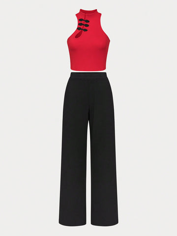 Women's Contrast Color Sleeveless Top And Wide-leg Pants Set With Buckle