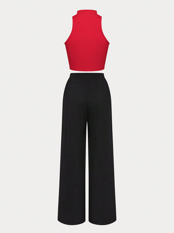 Women's Contrast Color Sleeveless Top And Wide-leg Pants Set With Buckle