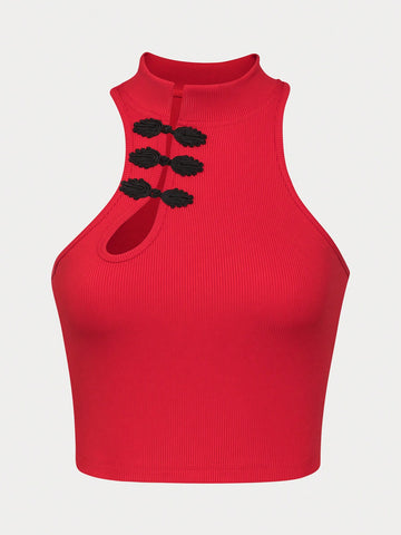 Women's Contrast Color Sleeveless Top And Wide-leg Pants Set With Buckle