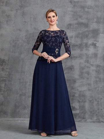 Womens' Contrast Lace 3/4 Sleeves Chiffon Formal Dress