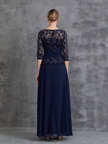 Womens' Contrast Lace 3/4 Sleeves Chiffon Formal Dress