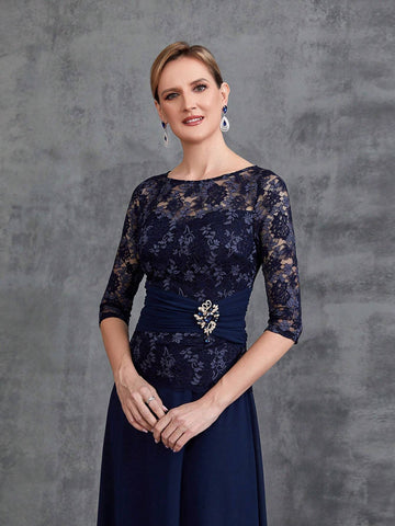 Womens' Contrast Lace 3/4 Sleeves Chiffon Formal Dress