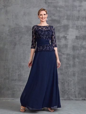 Womens' Contrast Lace 3/4 Sleeves Chiffon Formal Dress