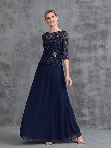 Womens' Contrast Lace 3/4 Sleeves Chiffon Formal Dress