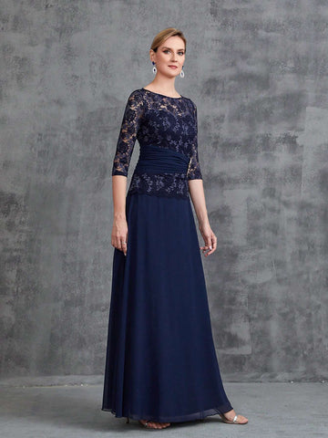 Womens' Contrast Lace 3/4 Sleeves Chiffon Formal Dress